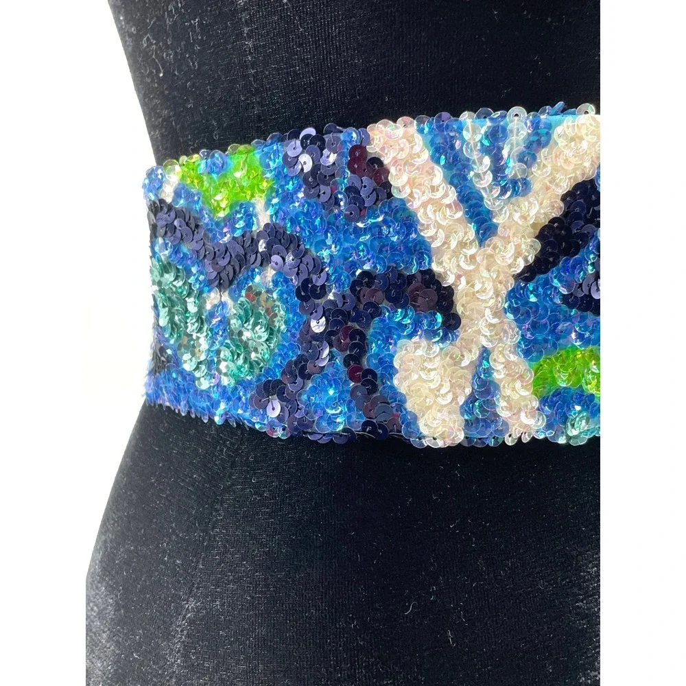 Vintage La Mendola August Mod Heart Hand Beaded Blue Pure Silk Chiffon Belt